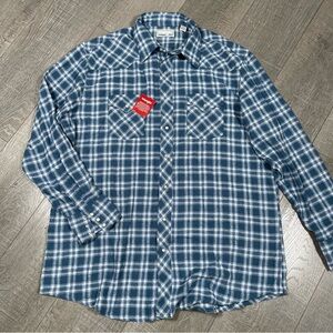 WRANGLER Men’s Wrancher Flannel Shirt Plaid Size 2XT Blue Pearl snap buttons